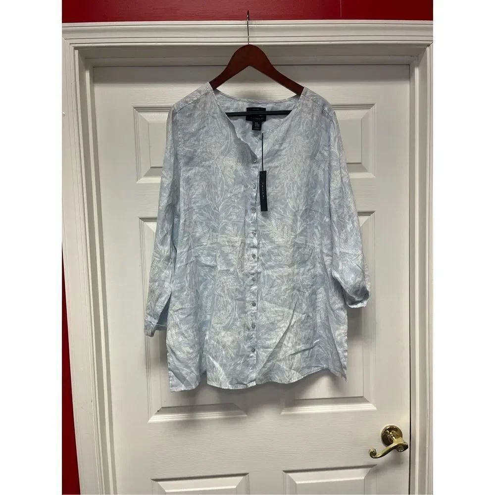 Tahari Light Blue Fern Print 100% Linen Button Up Roll Sleeve Blouse sz 2X NWT